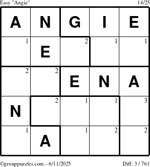 The grouppuzzles.com Easy Angie puzzle for Wednesday June 11, 2025 with the first 3 steps marked