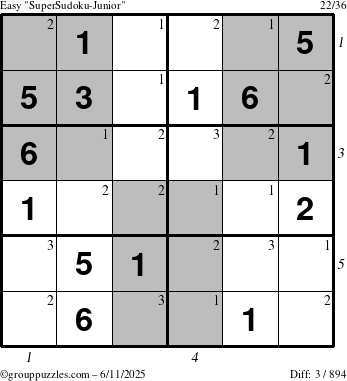 The grouppuzzles.com Easy SuperSudoku-Junior puzzle for Wednesday June 11, 2025 with all 3 steps marked