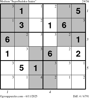 The grouppuzzles.com Medium SuperSudoku-Junior puzzle for Wednesday June 11, 2025 with all 4 steps marked