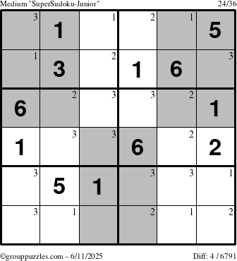 The grouppuzzles.com Medium SuperSudoku-Junior puzzle for Wednesday June 11, 2025 with the first 3 steps marked