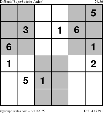 The grouppuzzles.com Difficult SuperSudoku-Junior puzzle for Wednesday June 11, 2025