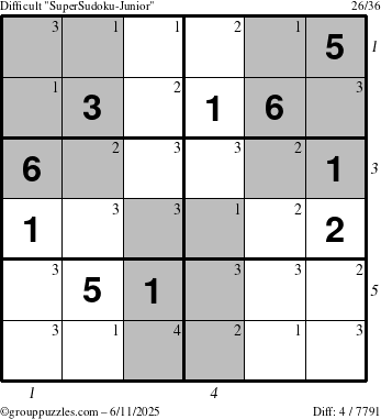 The grouppuzzles.com Difficult SuperSudoku-Junior puzzle for Wednesday June 11, 2025, suitable for printing, with all 4 steps marked