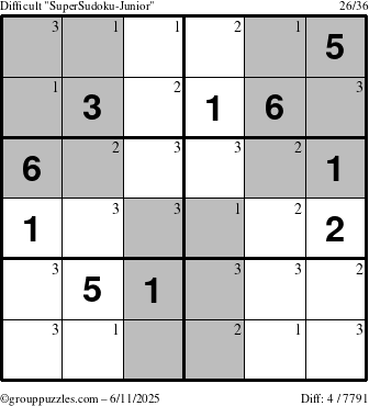 The grouppuzzles.com Difficult SuperSudoku-Junior puzzle for Wednesday June 11, 2025 with the first 3 steps marked