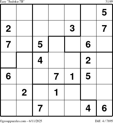The grouppuzzles.com Easy Sudoku-7B puzzle for Wednesday June 11, 2025