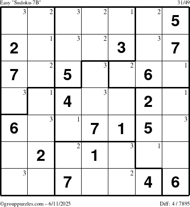 The grouppuzzles.com Easy Sudoku-7B puzzle for Wednesday June 11, 2025 with the first 3 steps marked