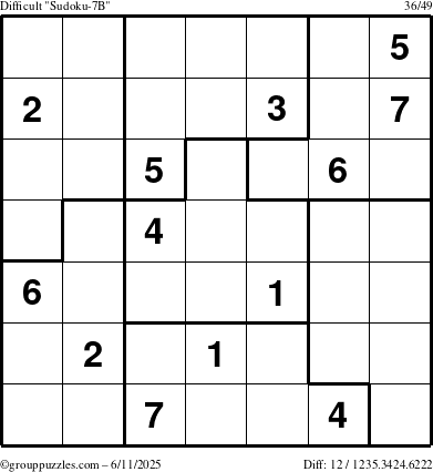 The grouppuzzles.com Difficult Sudoku-7B puzzle for Wednesday June 11, 2025