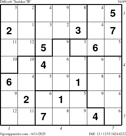 The grouppuzzles.com Difficult Sudoku-7B puzzle for Wednesday June 11, 2025 with all 12 steps marked