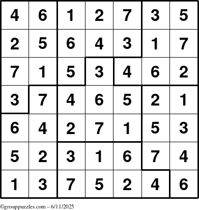 The grouppuzzles.com Answer grid for the Sudoku-7B puzzle for Wednesday June 11, 2025