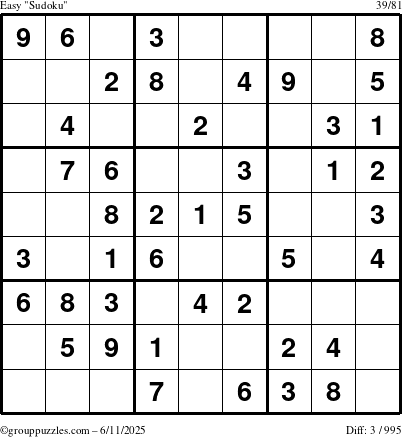 The grouppuzzles.com Easy Sudoku puzzle for Wednesday June 11, 2025
