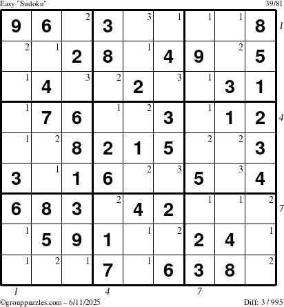 The grouppuzzles.com Easy Sudoku puzzle for Wednesday June 11, 2025 with all 3 steps marked