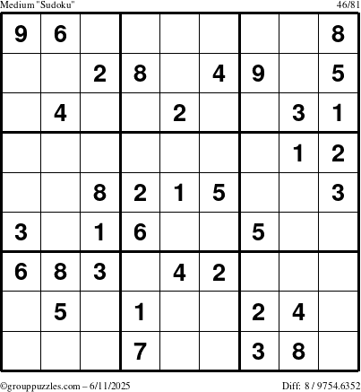 The grouppuzzles.com Medium Sudoku puzzle for Wednesday June 11, 2025