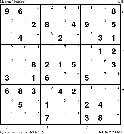 The grouppuzzles.com Medium Sudoku puzzle for Wednesday June 11, 2025, suitable for printing, with all 8 steps marked