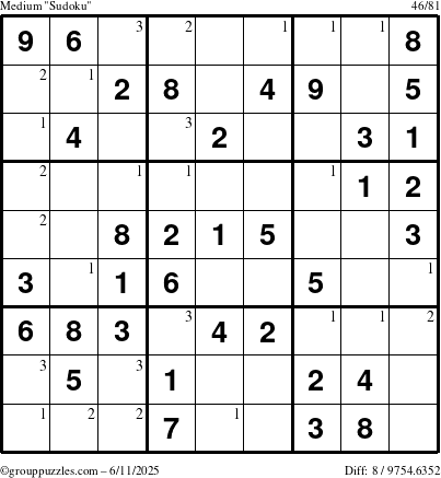 The grouppuzzles.com Medium Sudoku puzzle for Wednesday June 11, 2025 with the first 3 steps marked