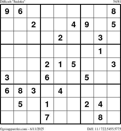 The grouppuzzles.com Difficult Sudoku puzzle for Wednesday June 11, 2025
