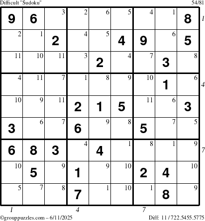 The grouppuzzles.com Difficult Sudoku puzzle for Wednesday June 11, 2025 with all 11 steps marked