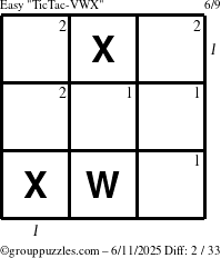 The grouppuzzles.com Easy TicTac-VWX puzzle for Wednesday June 11, 2025 with all 2 steps marked