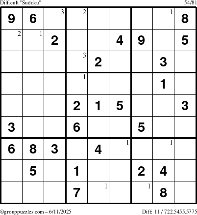 The grouppuzzles.com Difficult Sudoku puzzle for Wednesday June 11, 2025 with the first 3 steps marked