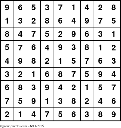 The grouppuzzles.com Answer grid for the Sudoku puzzle for Wednesday June 11, 2025