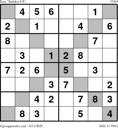 The grouppuzzles.com Easy Sudoku-8-X puzzle for Wednesday June 11, 2025