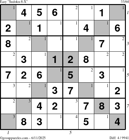 The grouppuzzles.com Easy Sudoku-8-X puzzle for Wednesday June 11, 2025, suitable for printing, with all 4 steps marked
