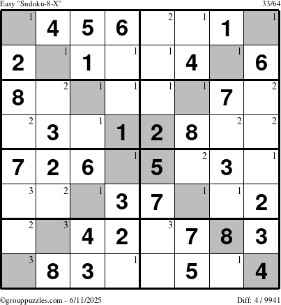 The grouppuzzles.com Easy Sudoku-8-X puzzle for Wednesday June 11, 2025 with the first 3 steps marked