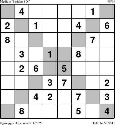 The grouppuzzles.com Medium Sudoku-8-X puzzle for Wednesday June 11, 2025