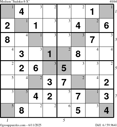 The grouppuzzles.com Medium Sudoku-8-X puzzle for Wednesday June 11, 2025 with all 6 steps marked