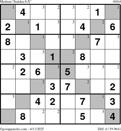 The grouppuzzles.com Medium Sudoku-8-X puzzle for Wednesday June 11, 2025 with the first 3 steps marked