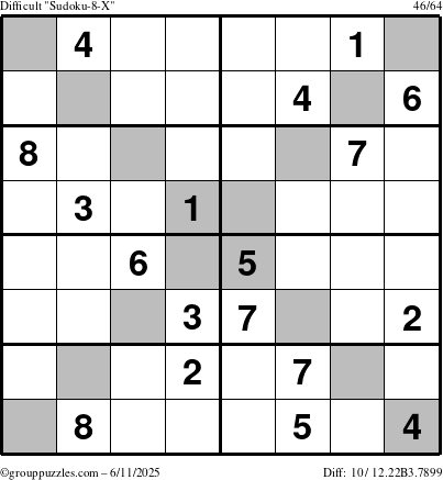 The grouppuzzles.com Difficult Sudoku-8-X puzzle for Wednesday June 11, 2025