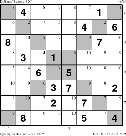 The grouppuzzles.com Difficult Sudoku-8-X puzzle for Wednesday June 11, 2025 with all 10 steps marked