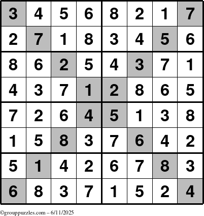 The grouppuzzles.com Answer grid for the Sudoku-8-X puzzle for Wednesday June 11, 2025