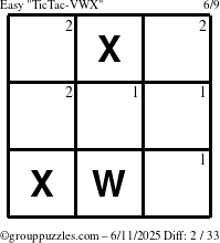 The grouppuzzles.com Easy TicTac-VWX puzzle for Wednesday June 11, 2025 with the first 2 steps marked