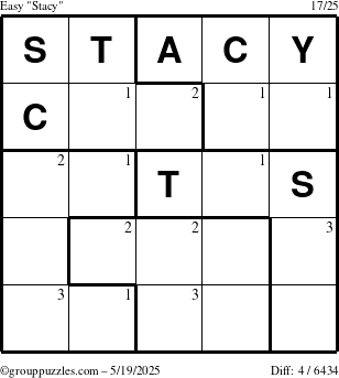 The grouppuzzles.com Easy Stacy puzzle for Monday May 19, 2025 with the first 3 steps marked