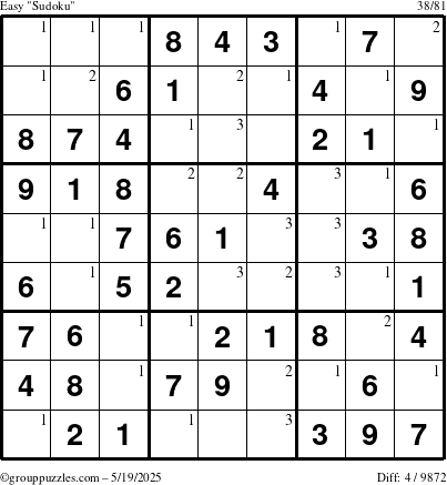 The grouppuzzles.com Easy Sudoku puzzle for Monday May 19, 2025 with the first 3 steps marked