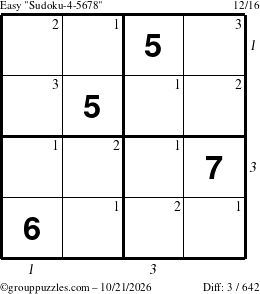 The grouppuzzles.com Easy Sudoku-4-5678 puzzle for Wednesday October 21, 2026, suitable for printing, with all 3 steps marked