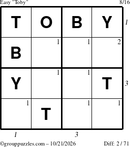 The grouppuzzles.com Easy Toby puzzle for Wednesday October 21, 2026, suitable for printing, with all 2 steps marked