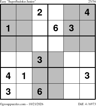 The grouppuzzles.com Easy SuperSudoku-Junior puzzle for Wednesday October 21, 2026