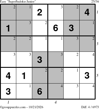 The grouppuzzles.com Easy SuperSudoku-Junior puzzle for Wednesday October 21, 2026, suitable for printing, with all 4 steps marked