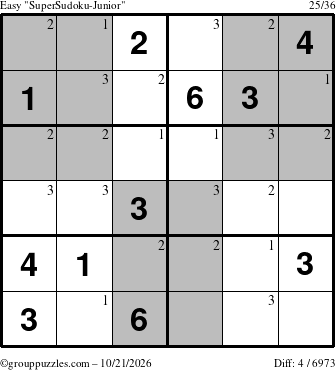 The grouppuzzles.com Easy SuperSudoku-Junior puzzle for Wednesday October 21, 2026 with the first 3 steps marked