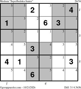 The grouppuzzles.com Medium SuperSudoku-Junior puzzle for Wednesday October 21, 2026, suitable for printing, with all 5 steps marked