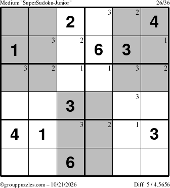The grouppuzzles.com Medium SuperSudoku-Junior puzzle for Wednesday October 21, 2026 with the first 3 steps marked