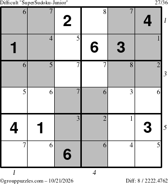 The grouppuzzles.com Difficult SuperSudoku-Junior puzzle for Wednesday October 21, 2026 with all 8 steps marked