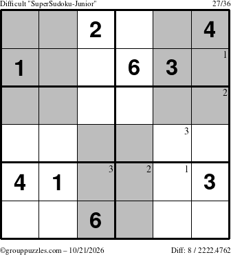 The grouppuzzles.com Difficult SuperSudoku-Junior puzzle for Wednesday October 21, 2026 with the first 3 steps marked