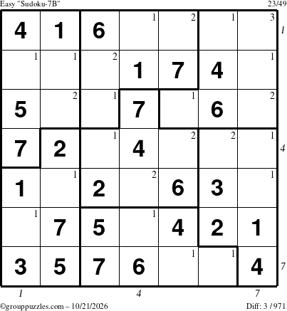 The grouppuzzles.com Easy Sudoku-7B puzzle for Wednesday October 21, 2026, suitable for printing, with all 3 steps marked