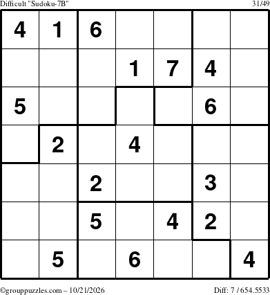 The grouppuzzles.com Difficult Sudoku-7B puzzle for Wednesday October 21, 2026