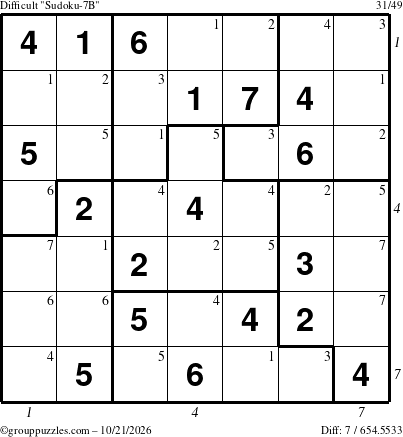 The grouppuzzles.com Difficult Sudoku-7B puzzle for Wednesday October 21, 2026, suitable for printing, with all 7 steps marked