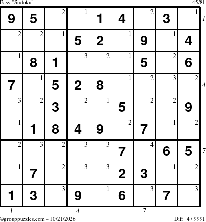 The grouppuzzles.com Easy Sudoku puzzle for Wednesday October 21, 2026 with all 4 steps marked