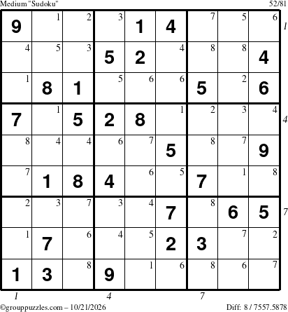 The grouppuzzles.com Medium Sudoku puzzle for Wednesday October 21, 2026 with all 8 steps marked