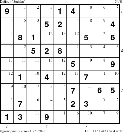 The grouppuzzles.com Difficult Sudoku puzzle for Wednesday October 21, 2026 with all 13 steps marked