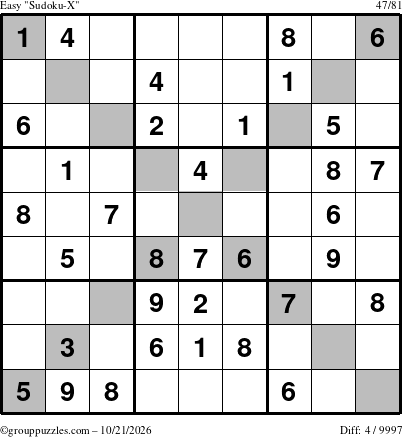The grouppuzzles.com Easy Sudoku-X puzzle for Wednesday October 21, 2026